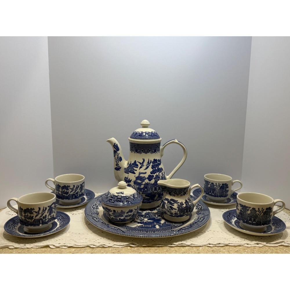 Churchill Blue Willow 12 Piece Tea Coffee Set Platter Staffordshire England